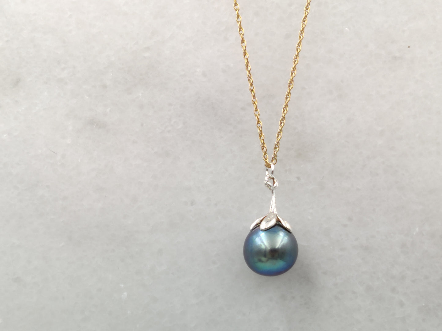 Jet Black Pearl Flower Bud Necklace in 925 Sterling Silver