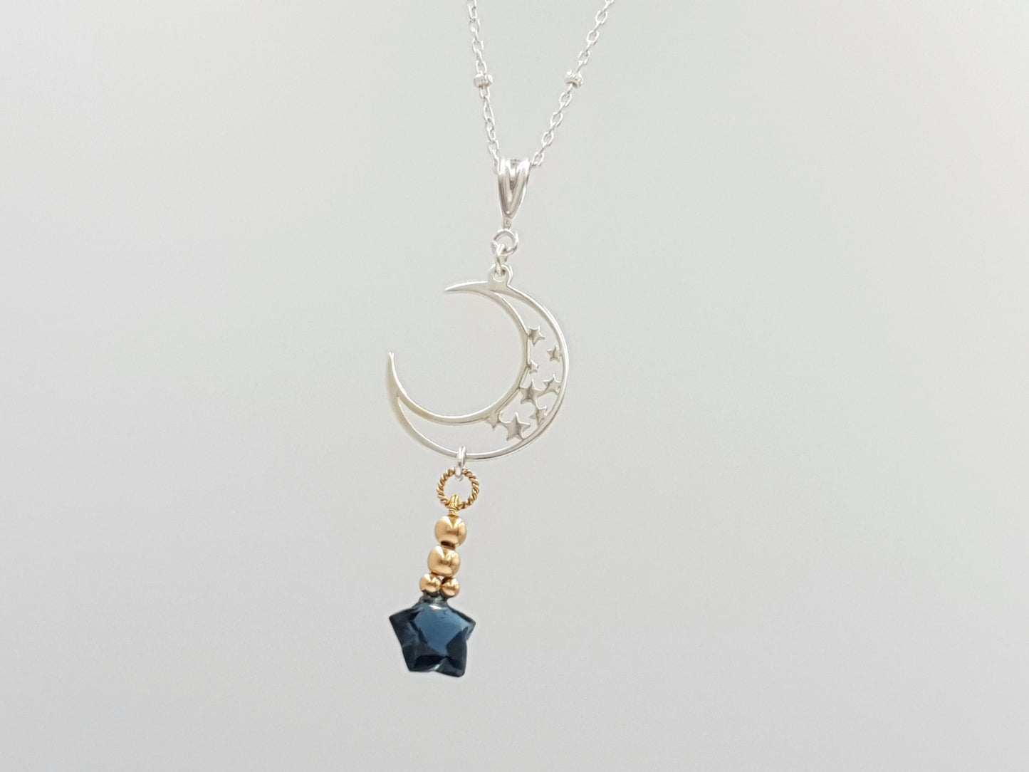 Galaxy Blue O-Star Crescent Moon Necklace in Sterling Silver with London Blue Topaz