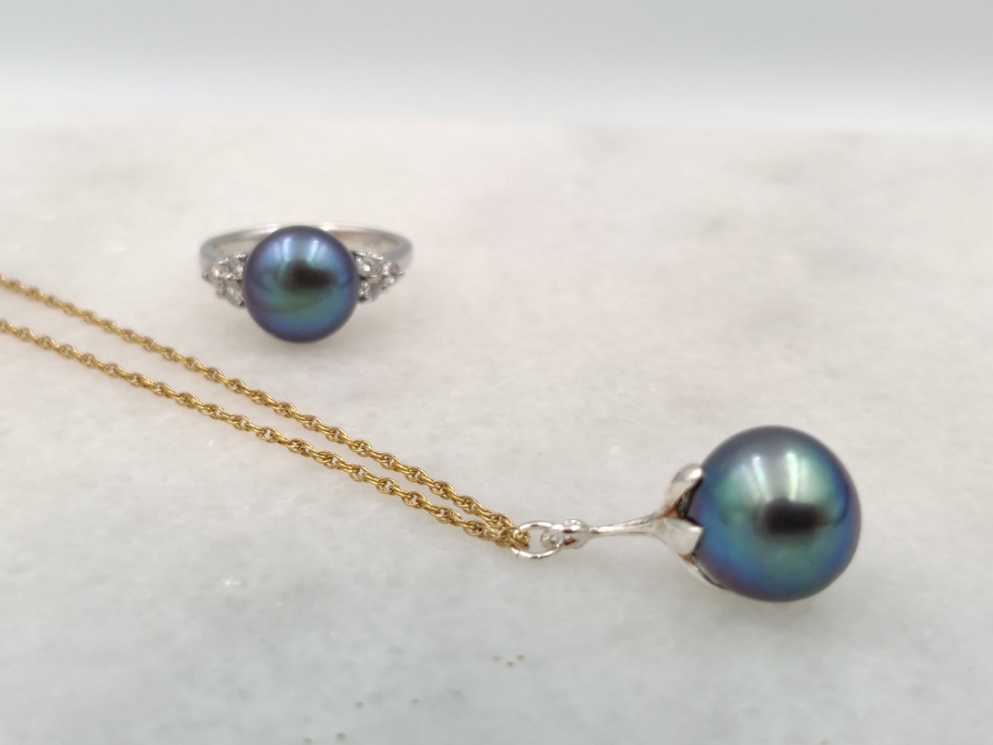 Jet Black Pearl Flower Bud Necklace in 925 Sterling Silver