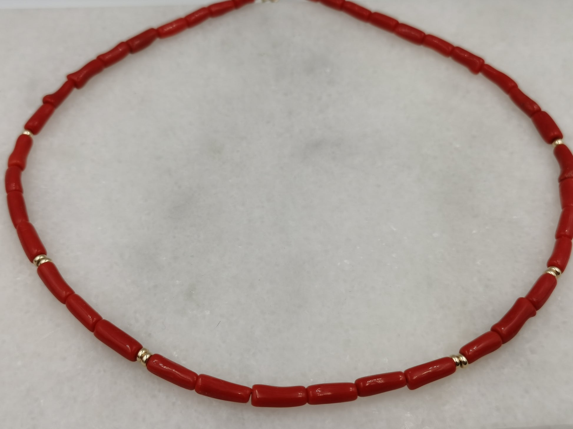EBB Jewellery 14K solid gold Natural Red Coral Tube Choker Necklace, Top View