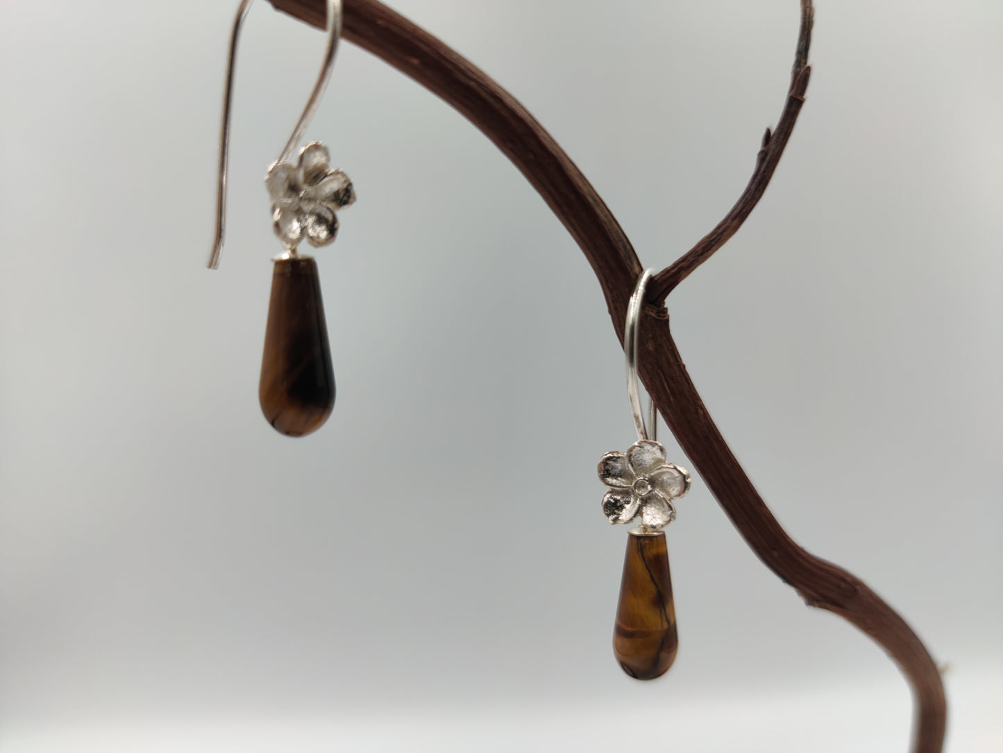 EBB Genevieve Tiger's Eye drop Floral Earrings in 925 Sterling Silver