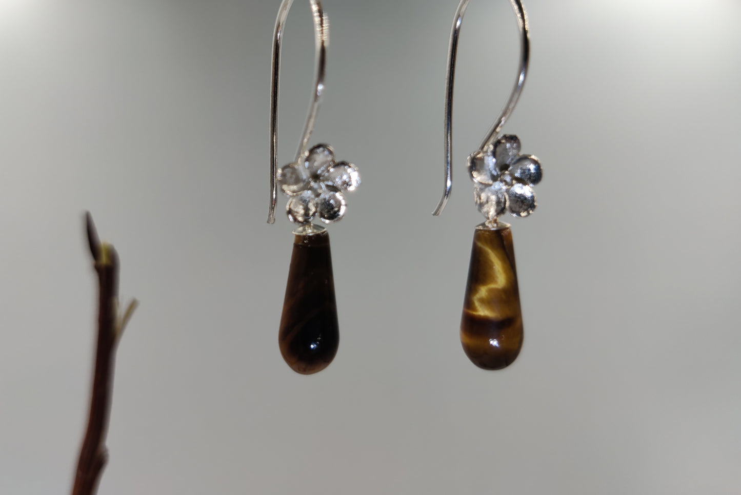 EBB Genevieve Tiger's Eye drop Floral Earrings in 925 Sterling Silver