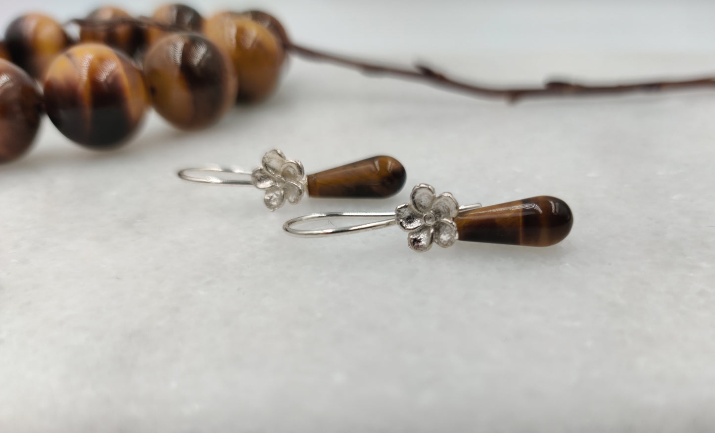 EBB Genevieve Tiger's Eye drop Floral Earrings in 925 Sterling Silver