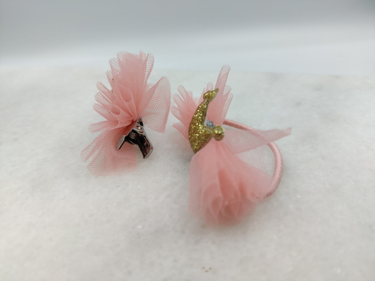 Crown Hair Accessories Set Gold: Glitter Pink Pompom Hair tie and Hair Clip