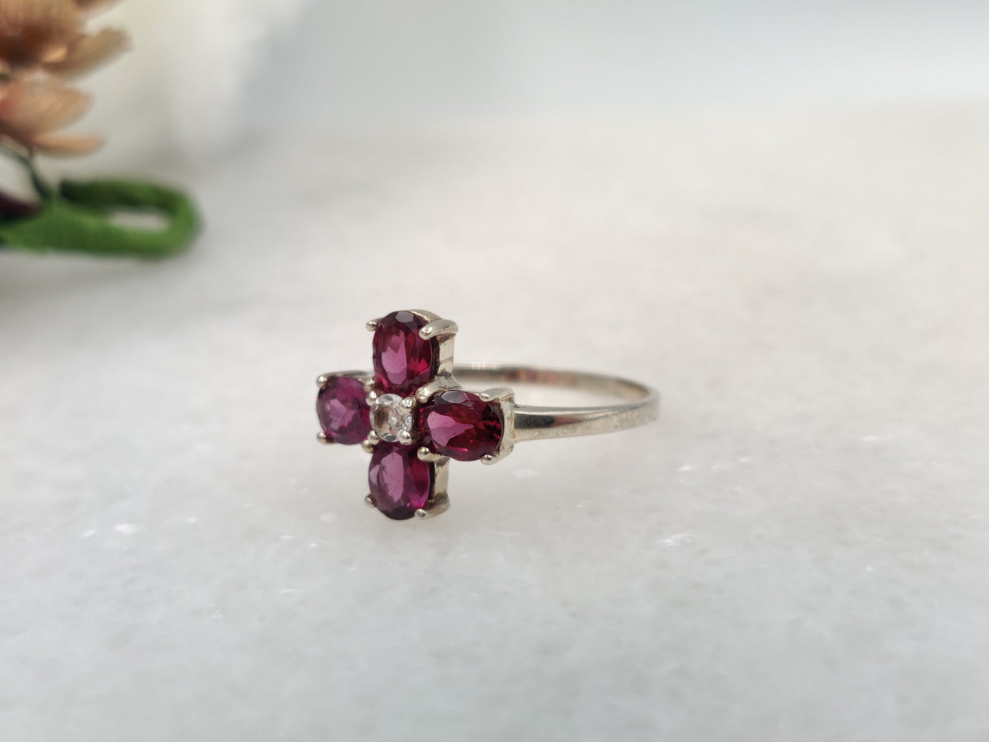 Garnet Poppy Flower Ring with Crystal Quartz