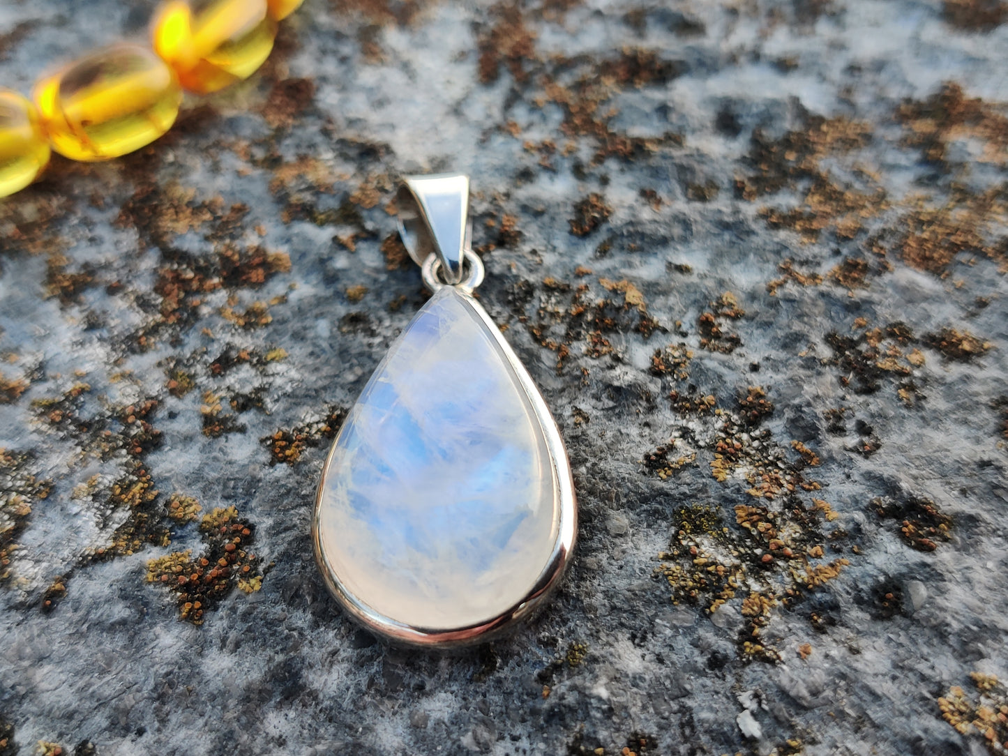 "Angel's Tear" Premium Rainbow Moonstone Droplet Pendant in 925 Sterling Silver