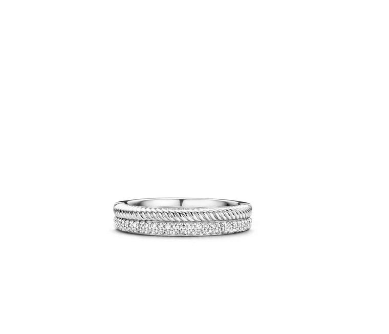 Ti Sento Double Stacked Ring CZ paved in 925 Sterling Silver 12083ZI Flat Look