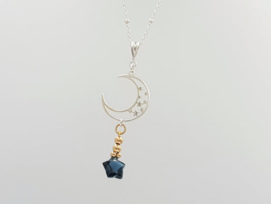 Galaxy Blue O-Star Crescent Moon Necklace in Sterling Silver with London Blue Topaz