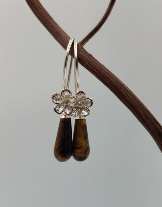 EBB Genevieve Tiger's Eye drop Floral Earrings in 925 Sterling Silver