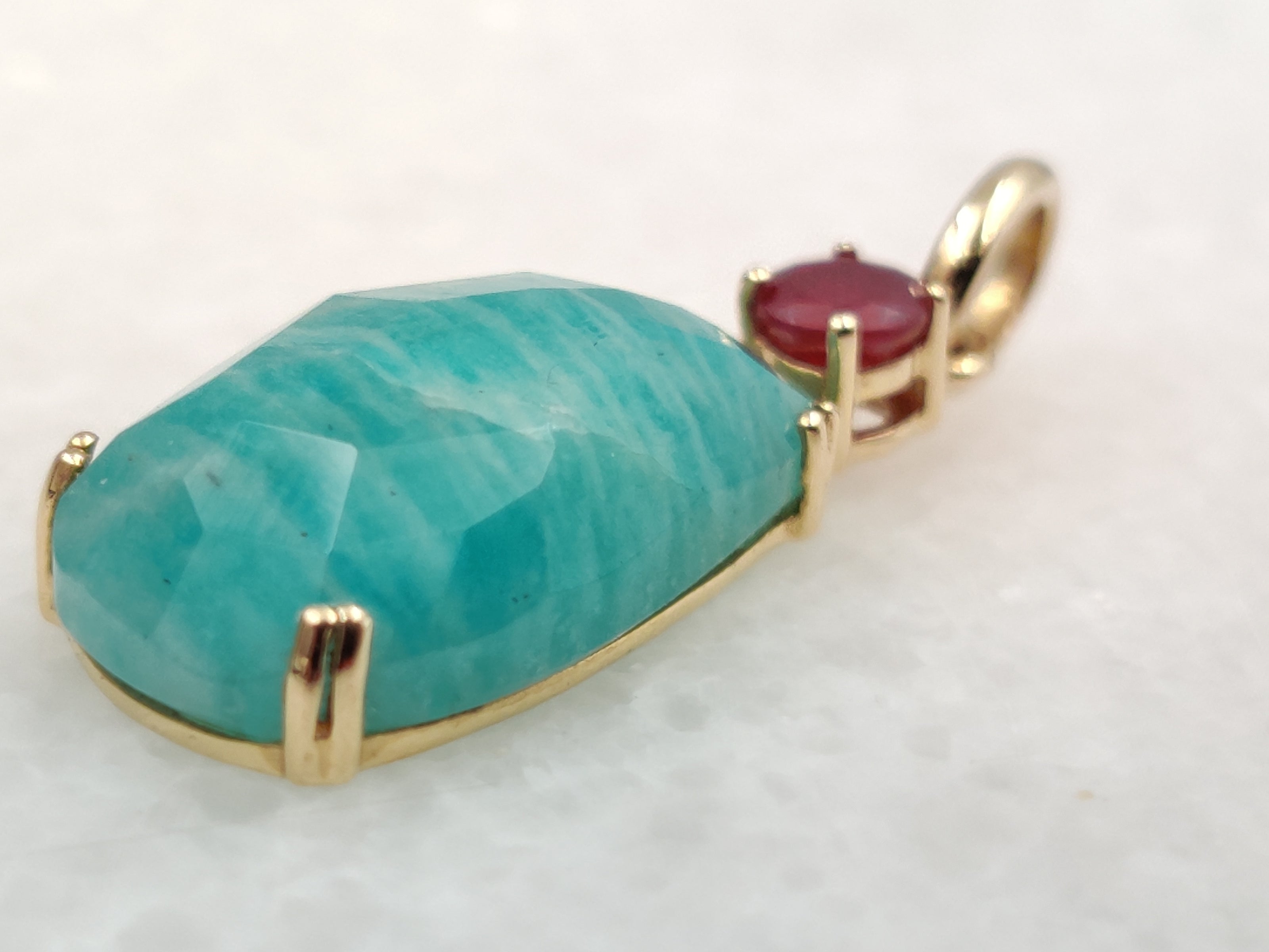 18K Solid Gold Amazonite Pedant with Ruby, High Dome Side View