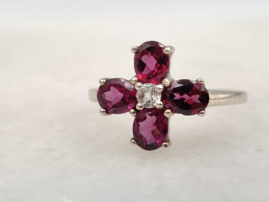 Garnet Poppy Flower Ring with Crystal Quartz