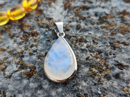 "Angel's Tear" Premium Rainbow Moonstone Droplet Pendant in 925 Sterling Silver